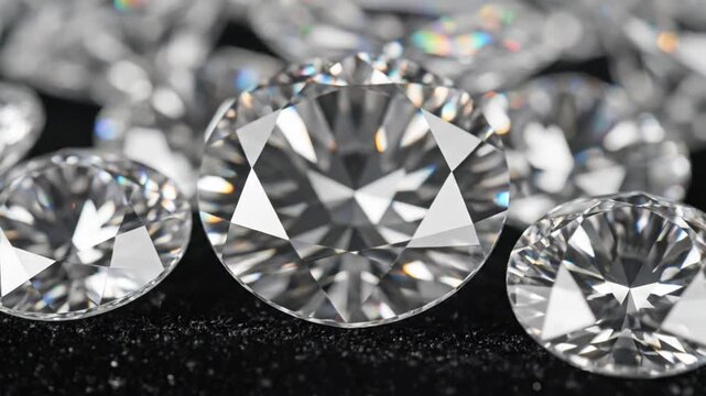 Brilliant cut diamonds sparkling on dark surface with light flares