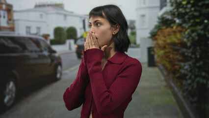 Fototapeta premium Woman with clasped hands over mouth on urban street near parked car and terraced houses; anxiety concern.