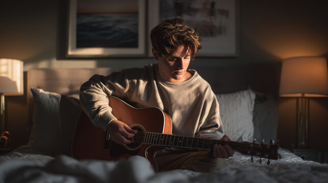 Young Blonde Musician Recording an Acoustic Song with a Professional Microphone in a Warm String-Light Bedoom Studio, Cozy Live Performance Concept