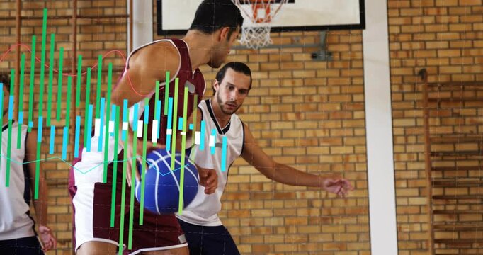 Maroon-jersey player head-faking and dribbling to hoop after lean with sports analytics overlay