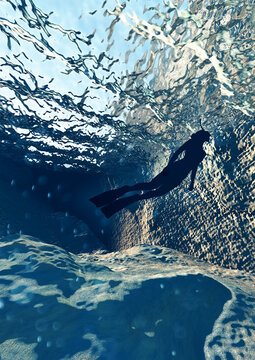 Silhouette of a woman underwater, immersed in crystal clear and transparent waters