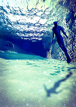 Silhouette of a man underwater, immersed in crystal clear and transparent waters. 3d rendering