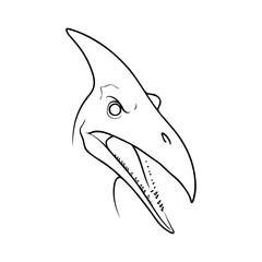 Dibujo sencillo con líneas de la cabeza de un dinosaurio tipo pterodáctilo enojado, con la boca abierta enseñando los dientes © teracreonte