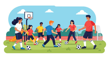 Diverse Kids Playing Soccer and Basketball on Outdoor Court © Ani