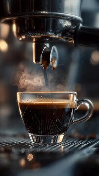 Close-up of espresso coffee dripping into a glass cup with steam rising.