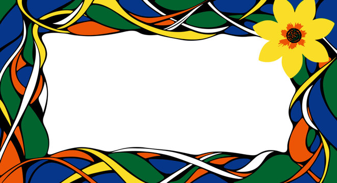 Colorful abstract frame with wavy lines and yellow flower