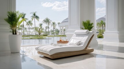 Fototapeta premium Luxury white chaise lounge with tropical resort pool and palm trees view