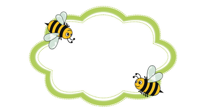 Cute cartoon bees flying around green cloud frame