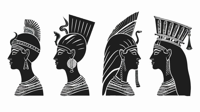 Black and white illustration of four ancient figures, side profiles. Intricate headwear & jewelry