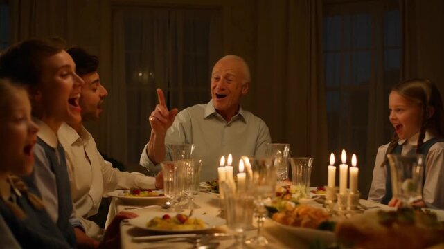 A joyful shot of three generations singing an easter song together at a candlelit table concept of family unity and shared holiday joy