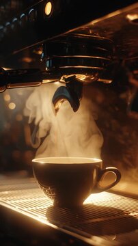 Close-up of espresso machine brewing coffee into a cup with warm lighting.