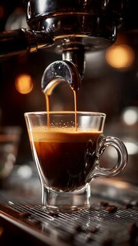 Close-up of espresso coffee pouring from machine into glass cup.