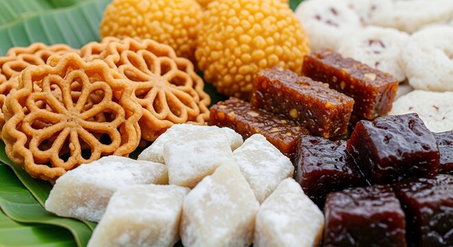 Traditional Sri Lankan Sinhala and Tamil New Year 'Avurudu Kema Mesaya' sweets including Kokis, Kalu Dodol, Aluwa, Aggala, and Kiribath served on fresh banana leaf