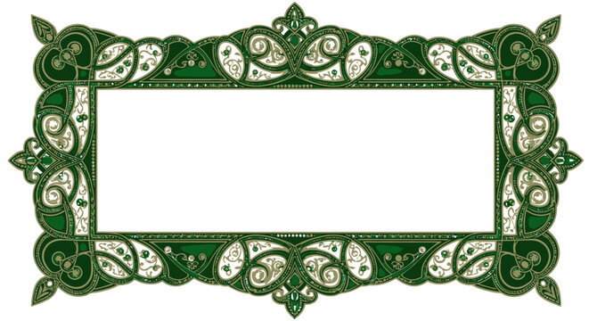Intricate green and gold Celtic knot rectangular decorative frame
