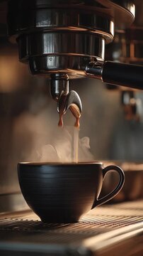 Close-up of espresso coffee brewing from a professional machine into a black ceramic cup.
