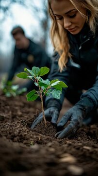 Young woman carefully planting green sapling in nutrient rich soil as part of collective reforestation effort to preserve environment and restore natural woodland.