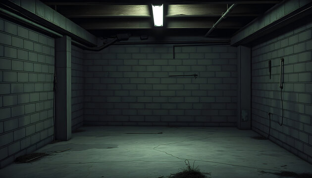 Old empty, grunge basement room with copy space, one line art. White tone