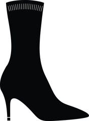 Black silhouette of a stylish high heel sock boot featuring a pointed toe and ribbed top detail
