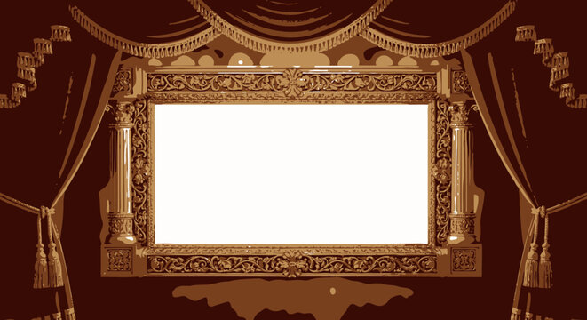 Ornate golden frame with velvet curtains and blank display area