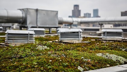 Fototapeta premium Detailed medium shot of rooftop HVAC vents with ecofriendly mosscovered surfaces in focus blurring the mechanical equipment behind for eco cooling emphasis.