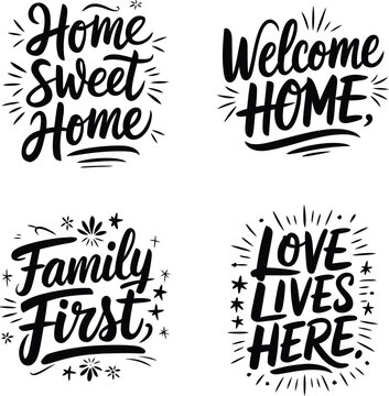 Hand drawn home and family lettering quotes typography vector set