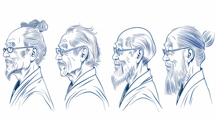 Naklejka premium Line art illustration depicting four different elderly men with glasses and various hairstyles in profile