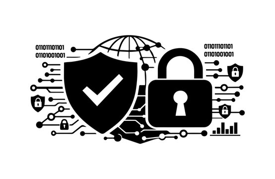 Silhouette of Security Shield and Padlock Depicting Data Protection and Network Cybersecurity