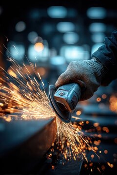 Close-up of a gloved hand using an angle grinder to create sparks on metal