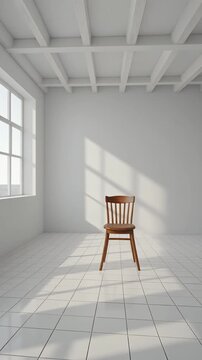 A lone wooden chair sits in an empty room with white walls and tiled floor