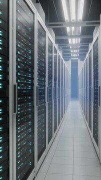 A long corridor of server racks in a data center