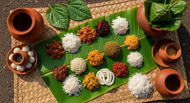 Authentic Sinhala Avurudu Kema Mesaya with Traditional Akulu and Kokis on Banana Leaf Displayed on Woven Mat, Celebrating Sri Lankan New Year