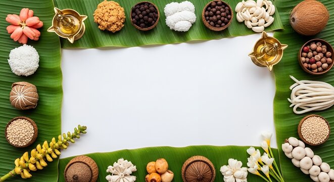 Vibrant Sinhala and Tamil New Year Traditional Sweets and Offerings Frame on Banana Leaf with Copy Space