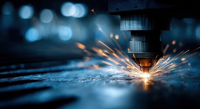 Precision laser cutting machine creating sparks and intense light on metal surface
