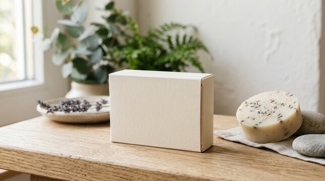 Blank soap bar packaging mockup with natural plants