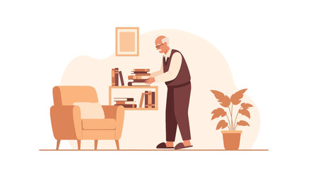 Fototapeta premium Elderly Man Arranging Books on Shelf in Cozy Living Room, Vintage Style