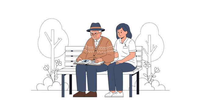 Elderly man and caregiver sitting on park bench, reading book, enjoying nature