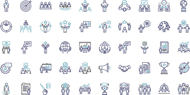 Business success leadership icons set teamwork achievement strategy outline collection illustration
