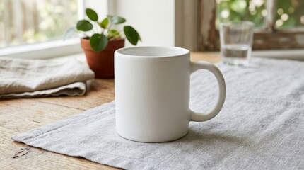 Obraz premium White ceramic mug with handle on a textured surface