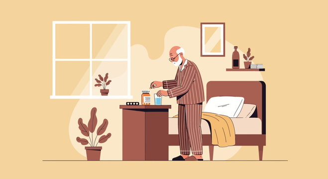 Elderly man in pajamas taking medication by bedside table with pills and water