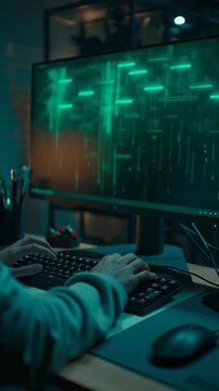 Person working on computer with green digital code on screen representing cybersecurity or hacking.