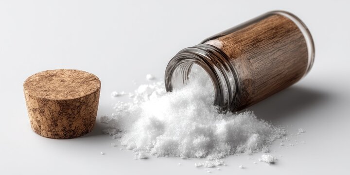 A small glass jar with a wooden stopper lies on its side, spilling white crystalline powder onto a white surface