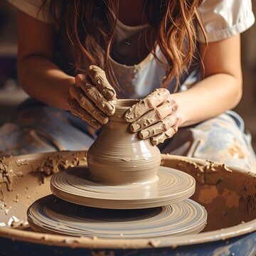 A woman shapes clay on a pottery wheel with skilled hands