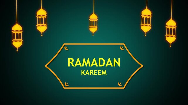 Ramadan Kareem greeting card with hanging golden lanterns on dark teal background, decorative frame, Islamic crescent motifs, festive minimal vector style.