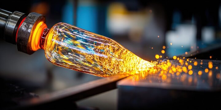 Molten glass being shaped by a craftsman on a blowpipe with sparks flying