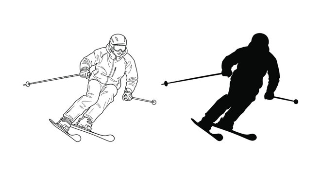 Vector graphic illustration design set showing a skier carving down a slope in both outline and silhouette forms