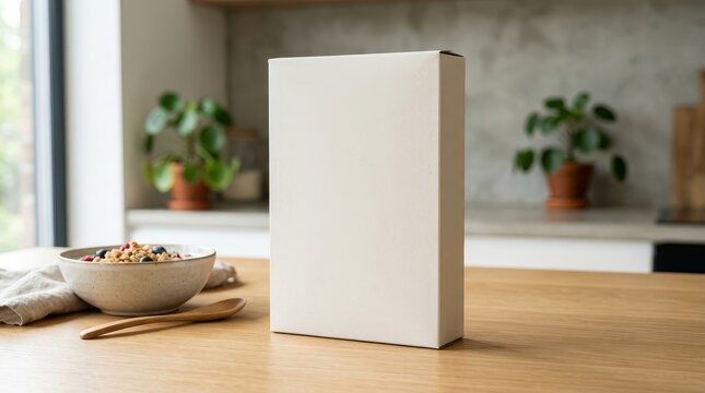 Blank cereal box packaging mockup on wooden table
