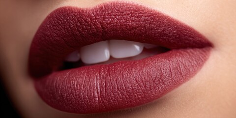 Fototapeta premium Close-up of perfect matte burgundy lips with white teeth showing slightly