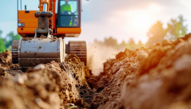 Excavator operator trenching for underground utility lines