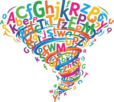 Colorful alphabet letters swirling in tornado spiral shape representing education learning creativity typography design concept isolated on light background for school language study