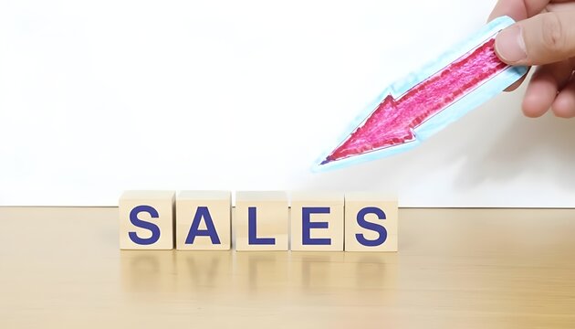 A hand holds a red downward arrow over wooden blocks spelling 'SALES', symbolizing a decline in sales.